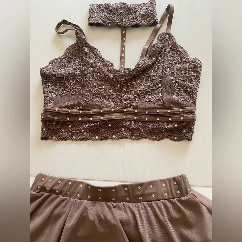 Weissman Elite solo custom Dance costume brown Lace 2 piece Top Skirt SL11015 MA